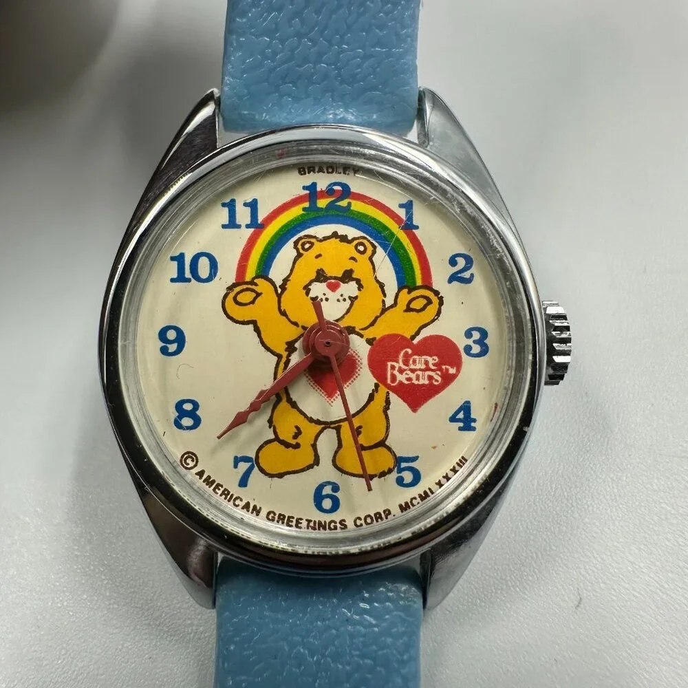 Vintage Bradley Care Bears Watch Kids Silver Tone Blue Leather Band Manual Wind